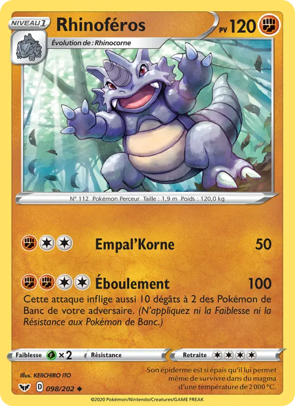 Carte Pokémon Rhinoféros #98 — Épée et Bouclier