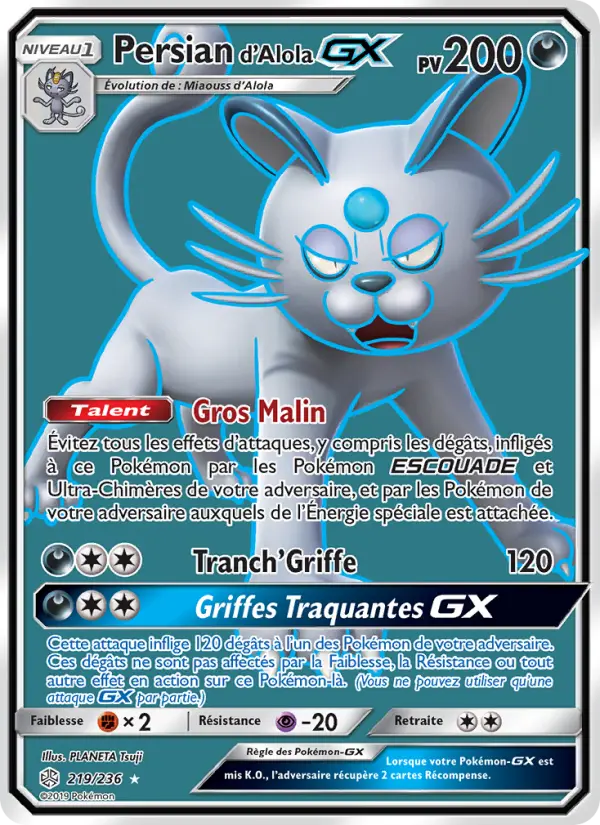 Carte Pokémon Persian d’Alola GX #219 — Éclipse Cosmique
