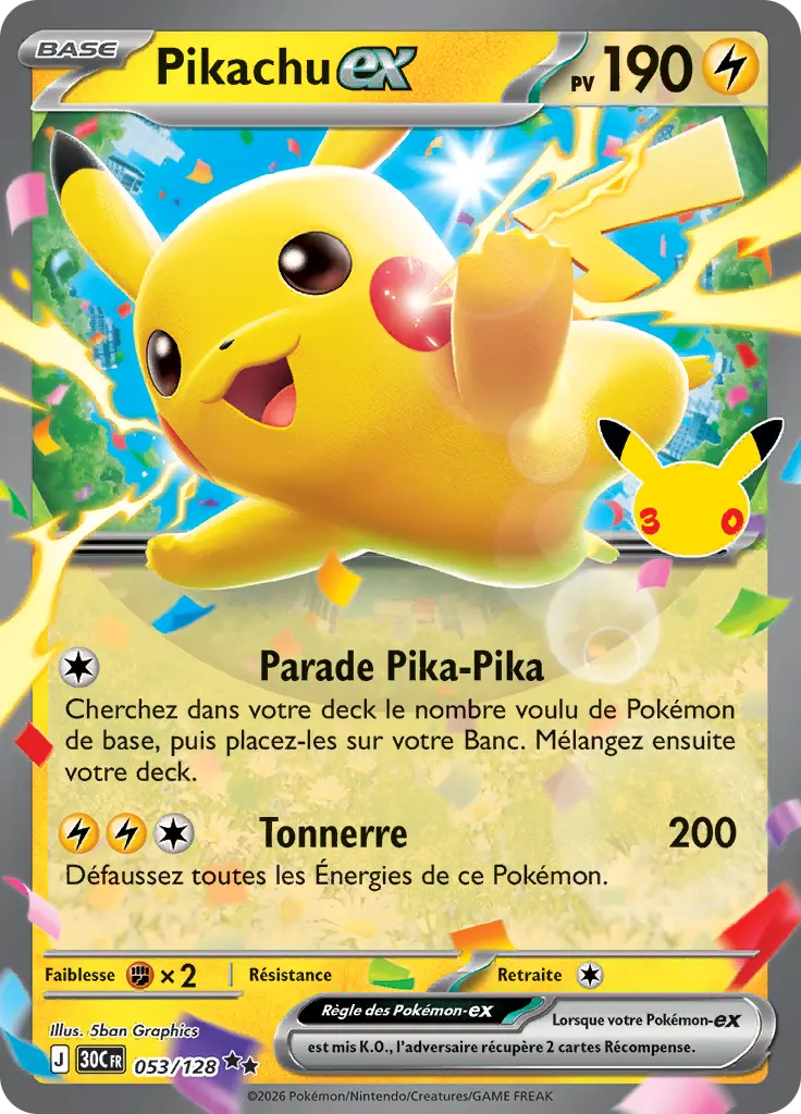 Carte Pokémon Pikachu-ex #053 — 30ᵉ Anniversaire