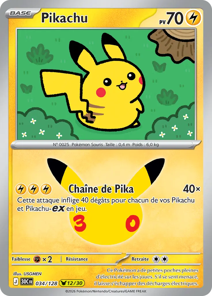 Carte Pokémon Pikachu #034 — 30ᵉ Anniversaire