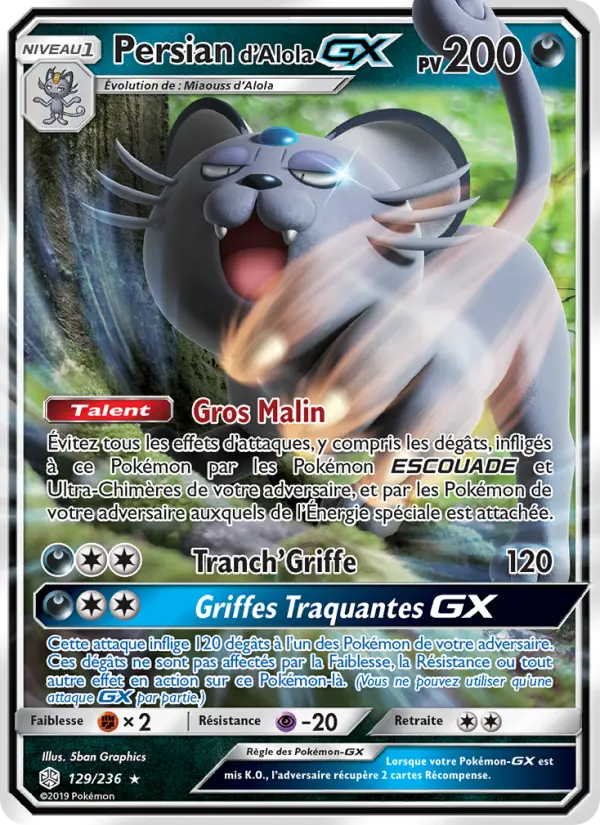 Carte Pokémon Persian d’Alola GX #129 — Éclipse Cosmique