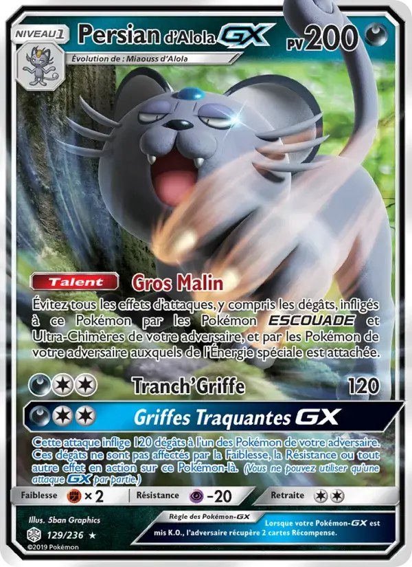 Carte Pokémon Persian d’Alola GX #129 — Éclipse Cosmique