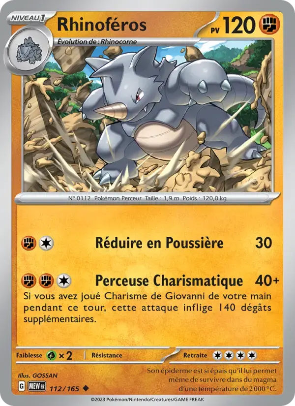 Carte Pokémon Rhinoféros #112 — Pokémon 151
