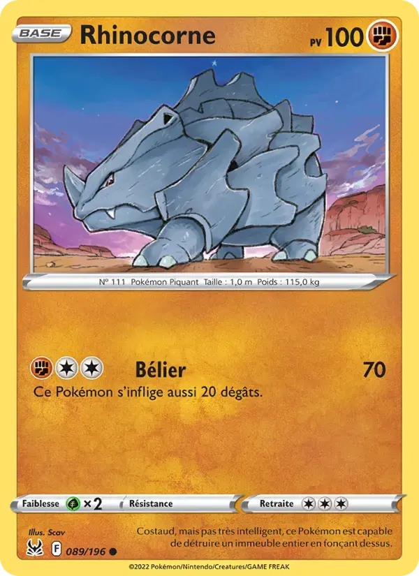 Carte Pokémon Rhinocorne #089 — Origine Perdue