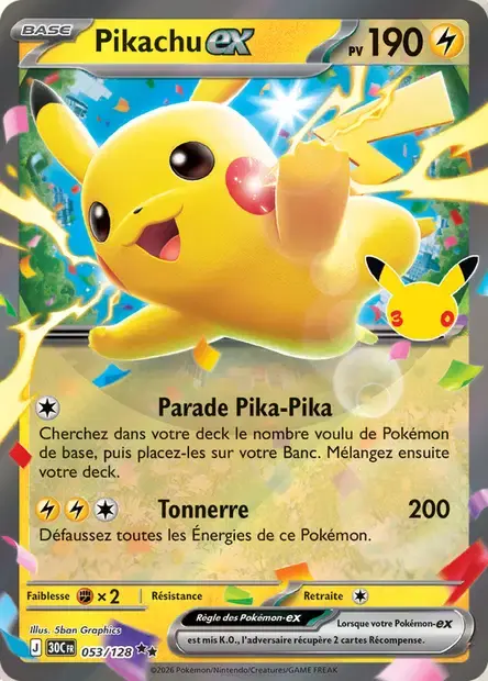 Carte Pokémon Pikachu-ex #053 — 30ᵉ Anniversaire