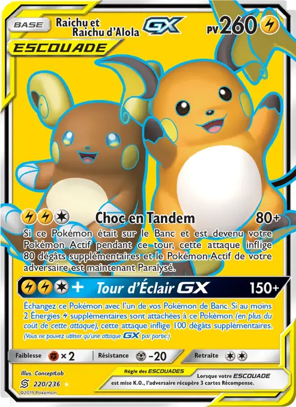 Carte Pokémon Raichu et Raichu d’Alola GX #220 — Harmonie des Esprits