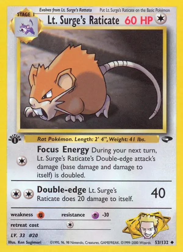 Carte Pokémon Lt. Surge's Rattatac #53 — Gym Challenge