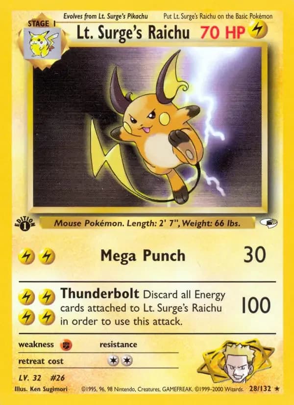 Carte Pokémon Lt. Surge's Raichu #28 — Gym Heroes